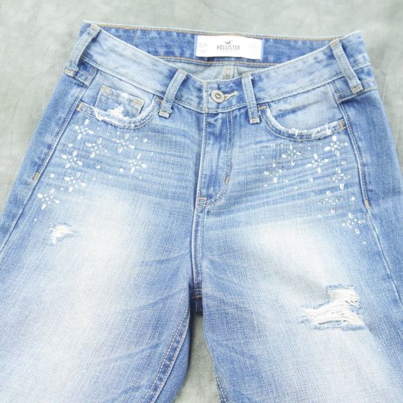 NEW HOLLISTER California SKINNY JEGGINGS Blue Distressed Rhinestones 23x31 NWOT - Picture 5 of 12